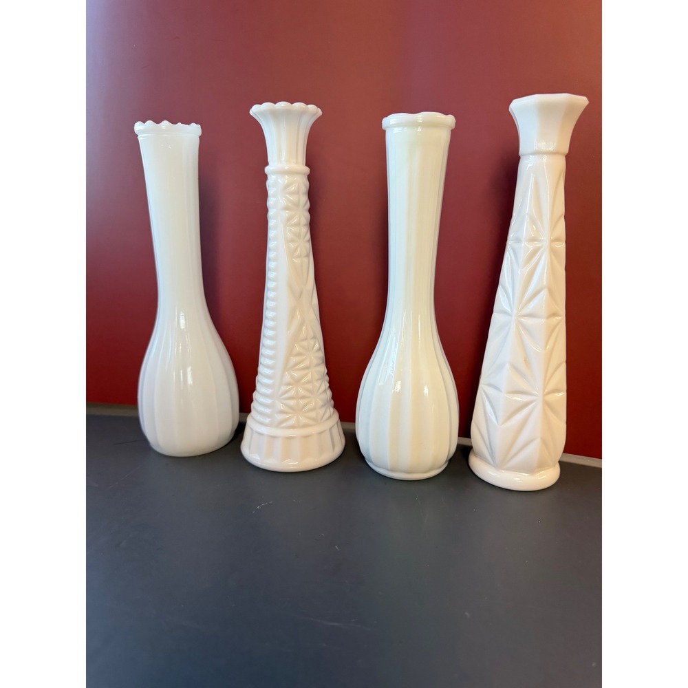 Vintage Milk Glass Bud Vases Set of 4 Ribbed Geometric Starburst White Glass